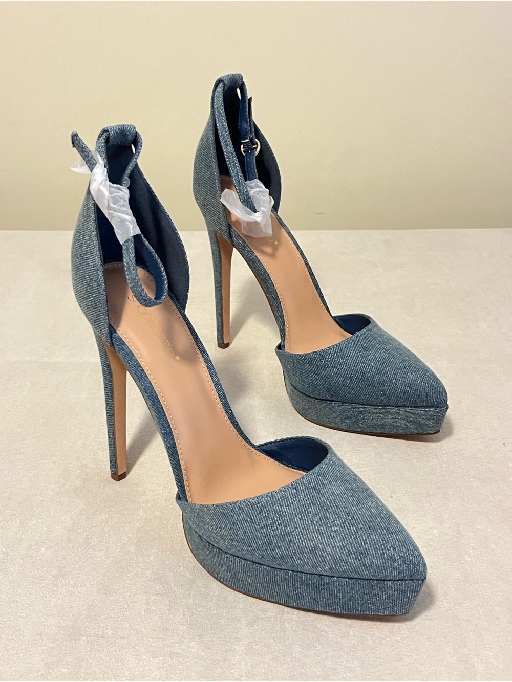 Women's Pointed Ankle-Strap High Heel Pumps in Denim Blue size 10